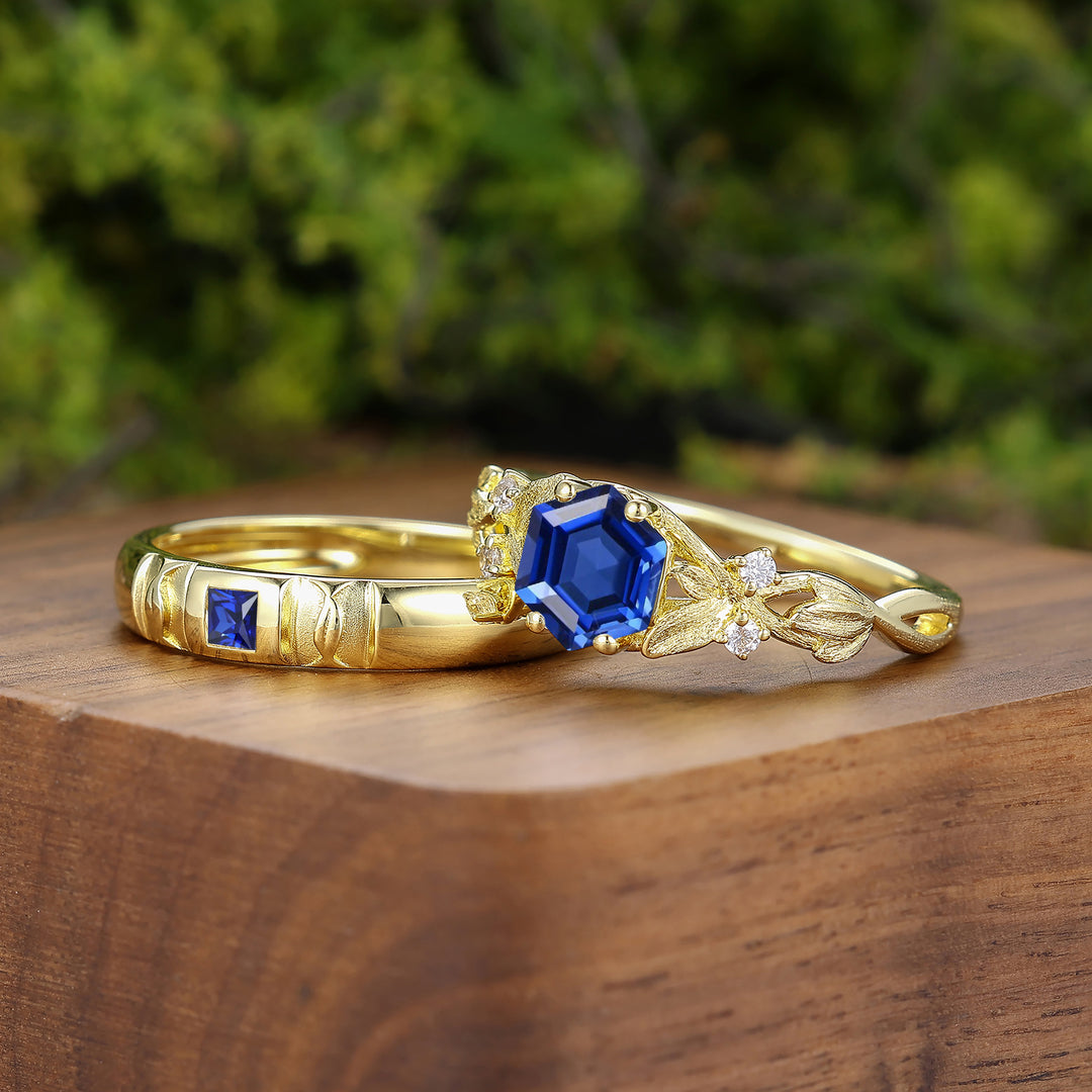Leaf-inspired Sapphire Couple Rings 2pcs 14K Solid Gold Wedding Band For Men And Women -  Esdomera.com