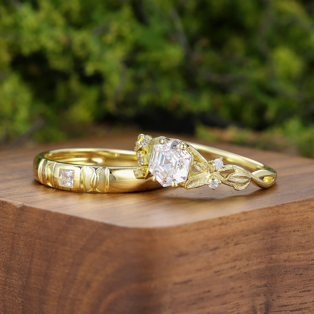 2pcs Moissanite Floral Leaf Style Wedding Ring Stylish Hexagon Moissanite His And Hers Ring Set -  Esdomera.com