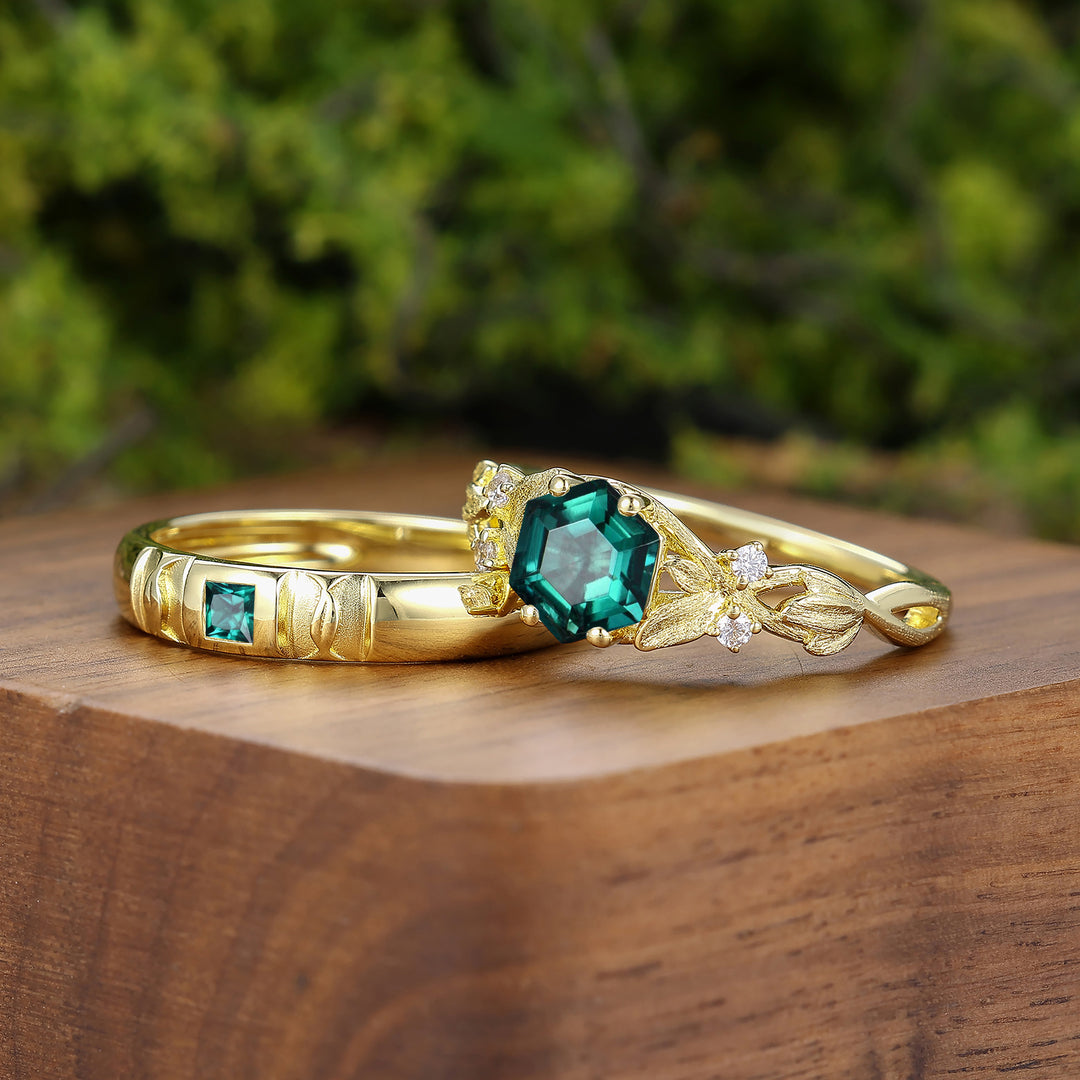 Emerald Leaf Design Marriage Ring Set 14K Solid Gold Pair of Rings for Couples -  Esdomera.com