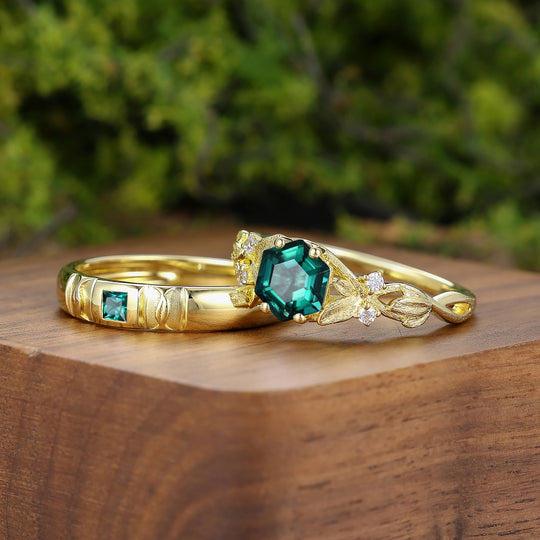 Emerald Leaf Design Marriage Ring Set 14K Solid Gold Pair of Rings for Couples -  Esdomera.com