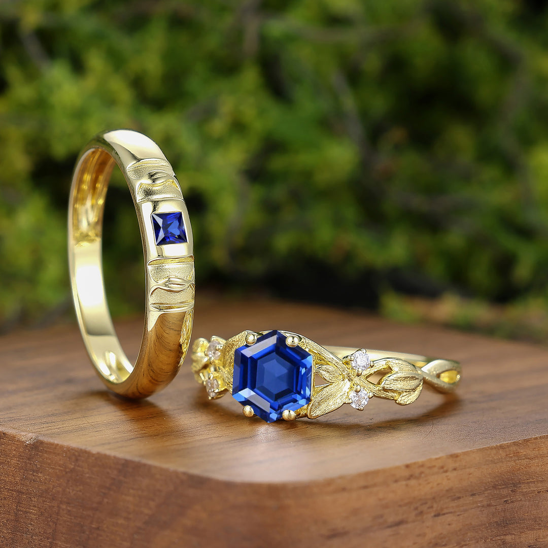 Leaf-inspired Sapphire Couple Rings 2pcs 14K Solid Gold Wedding Band For Men And Women -  Esdomera.com