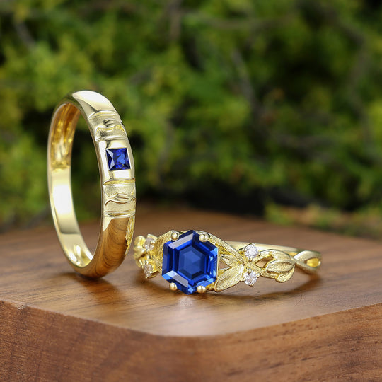 Leaf-inspired Sapphire Couple Rings 2pcs 14K Solid Gold Wedding Band For Men And Women -  Esdomera.com