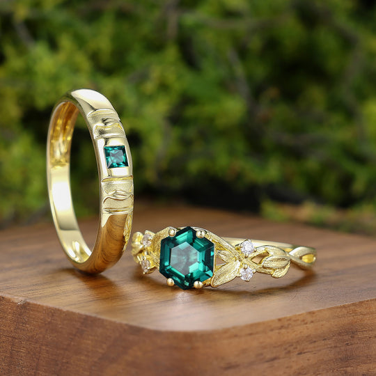 Emerald Leaf Design Marriage Ring Set 14K Solid Gold Pair of Rings for Couples -  Esdomera.com