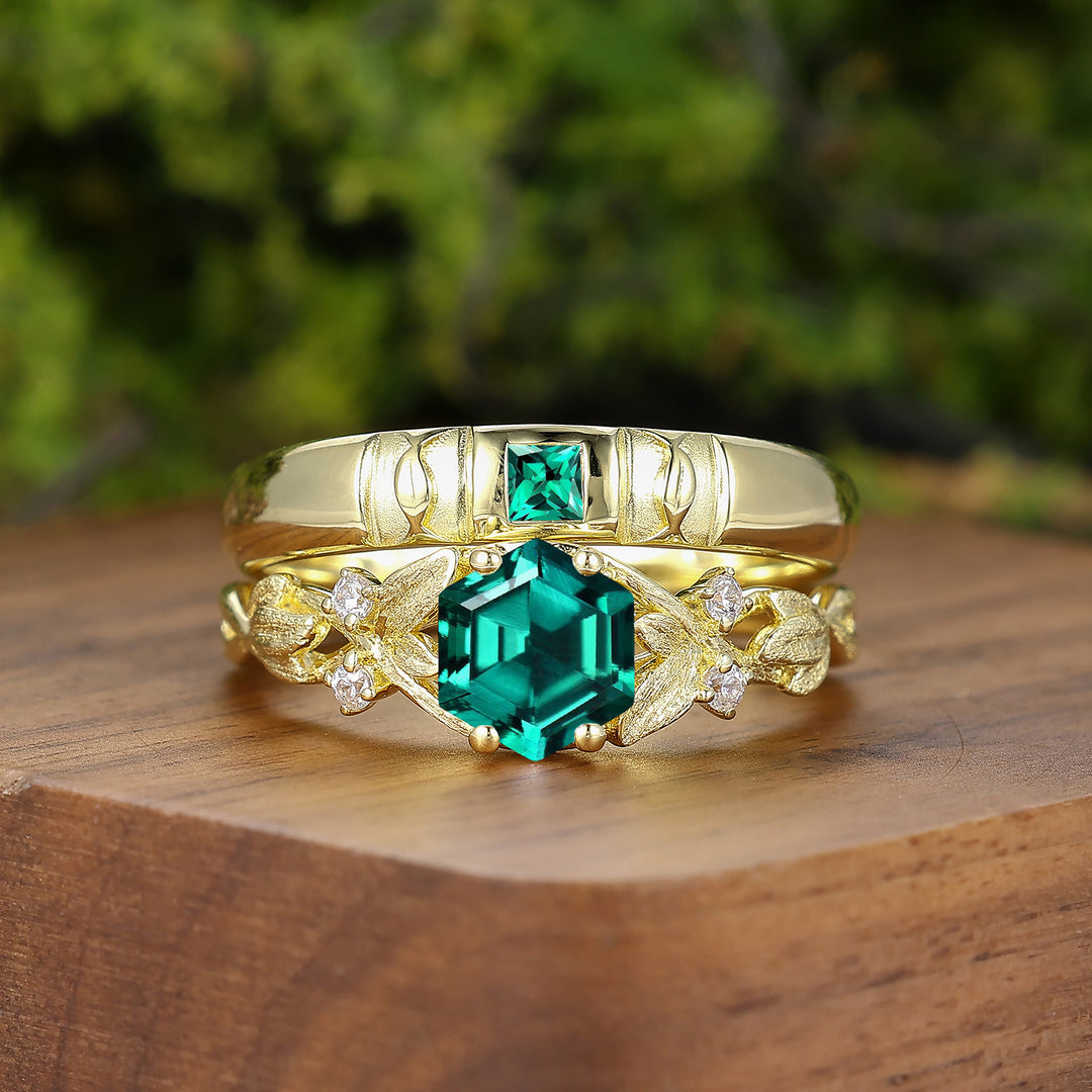 Emerald Leaf Design Marriage Ring Set 14K Solid Gold Pair of Rings for Couples -  Esdomera.com