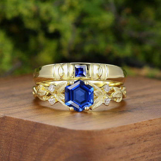 Leaf-inspired Sapphire Couple Rings 2pcs 14K Solid Gold Wedding Band For Men And Women -  Esdomera.com