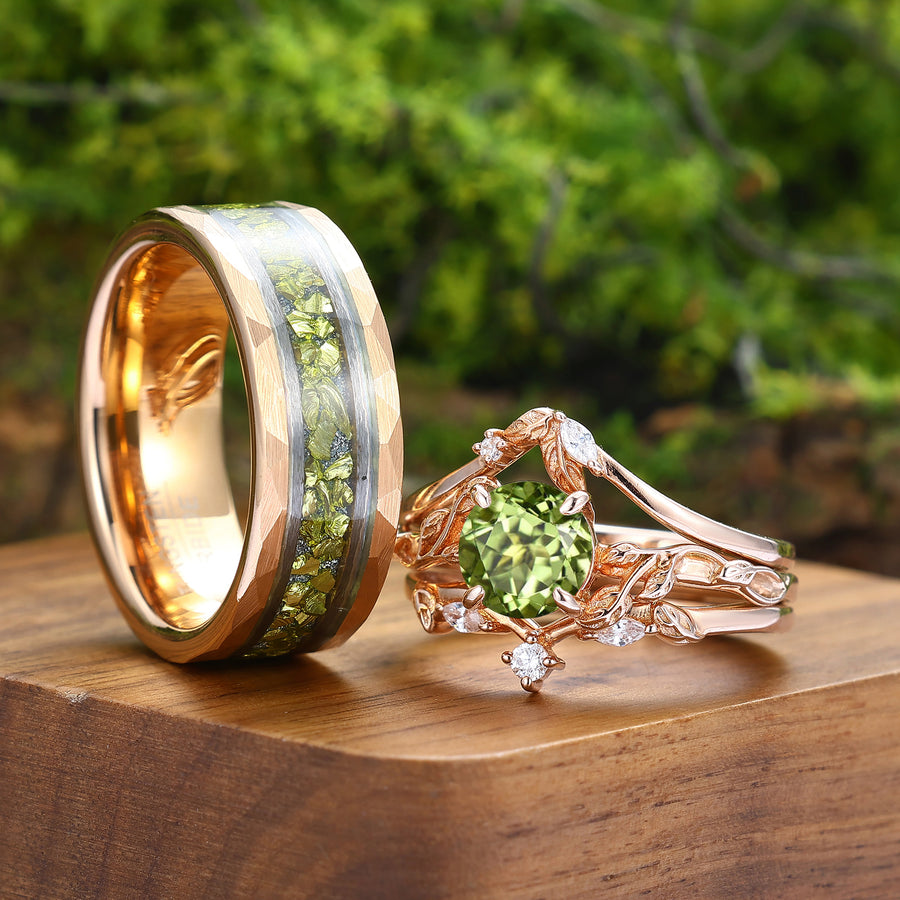 Conjunto de anillos para parejas con peridoto verde inspirado en hoja única, oro rosa, anillos a juego con peridoto