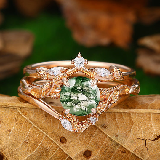 1.25 CT Round Shaped Natural Moss Agate Leaf Vines Stackable 3 Pcs Engagement Ring Set