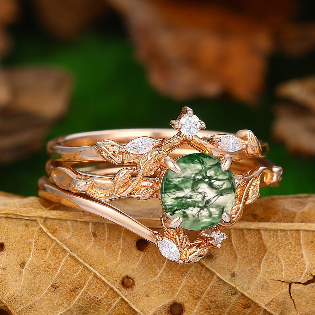 1.25 CT Round Shaped Natural Moss Agate Leaf Vines Stackable 3 Pcs Engagement Ring Set