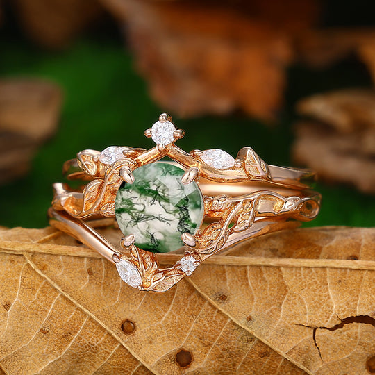 1.25 CT Round Shaped Natural Moss Agate Leaf Vines Stackable 3 Pcs Engagement Ring Set