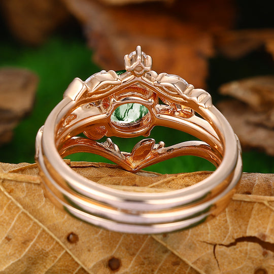 1.25 CT Round Shaped Natural Moss Agate Leaf Vines Stackable 3 Pcs Engagement Ring Set