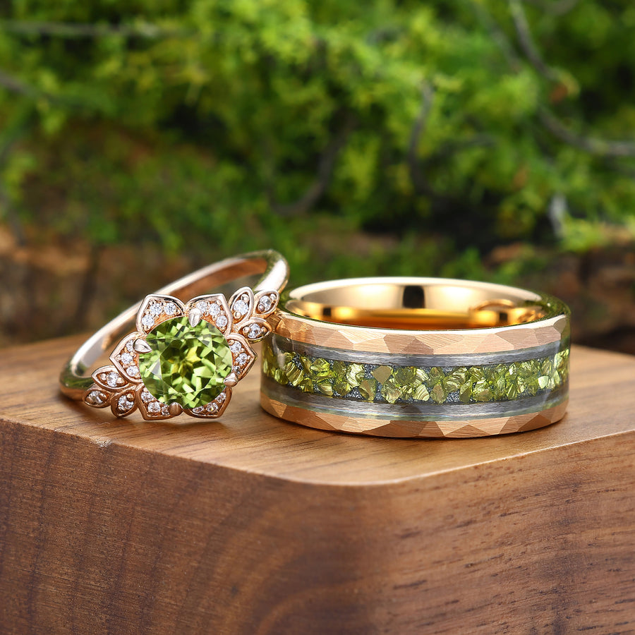 Conjunto de Anillos Vintage Floral de Peridoto para Pareja Inspirado en la Naturaleza Anillos Verde para Él y para Ella