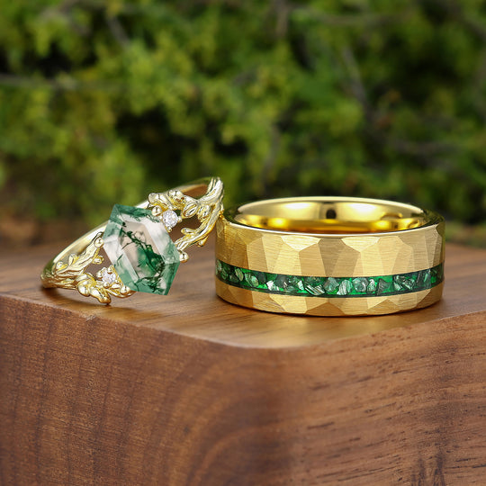 Nature-inspired Branch Moss Agate Marriage Ring Set Tungsten And S925 Couple Rings -  Esdomera.com