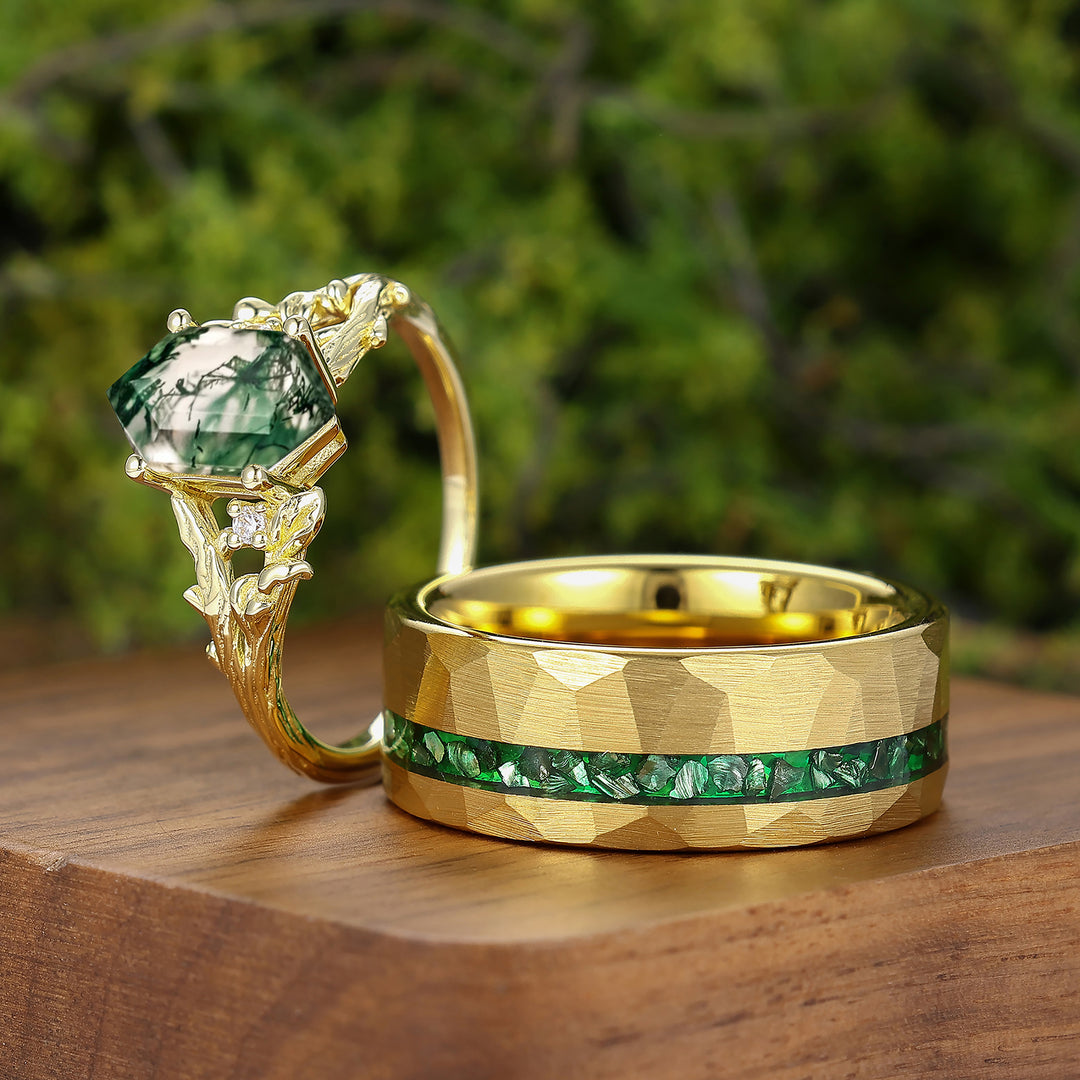 Nature-inspired Branch Moss Agate Marriage Ring Set Tungsten And S925 Couple Rings -  Esdomera.com