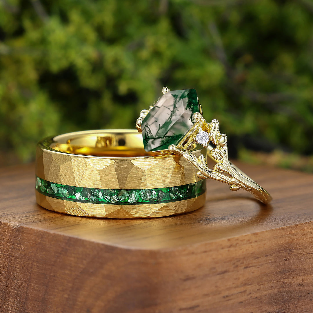 Nature-inspired Branch Moss Agate Marriage Ring Set Tungsten And S925 Couple Rings -  Esdomera.com
