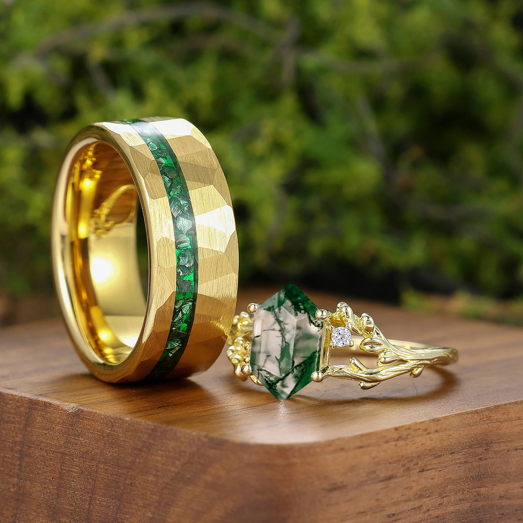Nature-inspired Branch Moss Agate Marriage Ring Set Tungsten And S925 Couple Rings -  Esdomera.com