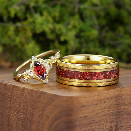 Romantic Red Garnet 2pc Matching Ring Set Leaf Style Silver And Hammered Tungsten Couple Rings -  Esdomera.com