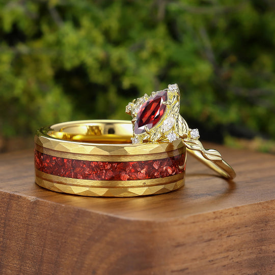 Romantic Red Garnet 2pc Matching Ring Set Leaf Style Silver And Hammered Tungsten Couple Rings -  Esdomera.com