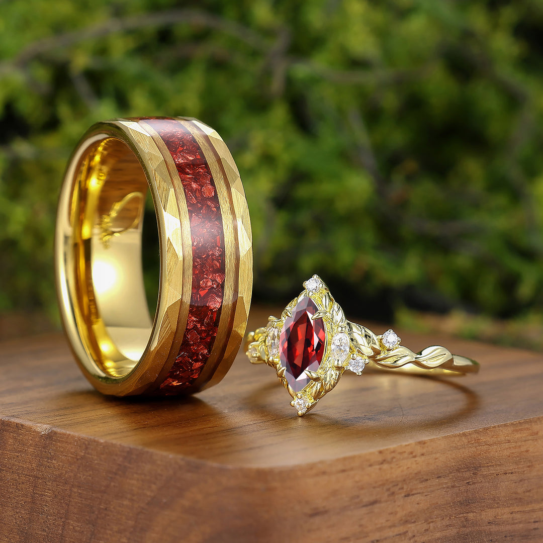 Romantic Red Garnet 2pc Matching Ring Set Leaf Style Silver And Hammered Tungsten Couple Rings -  Esdomera.com