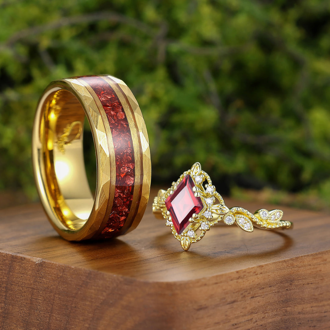 Vintage Milgrained Red Garnet Matching Rings Set For Couples Yellow Gold Plated Marriage Ring Set -  Esdomera.com