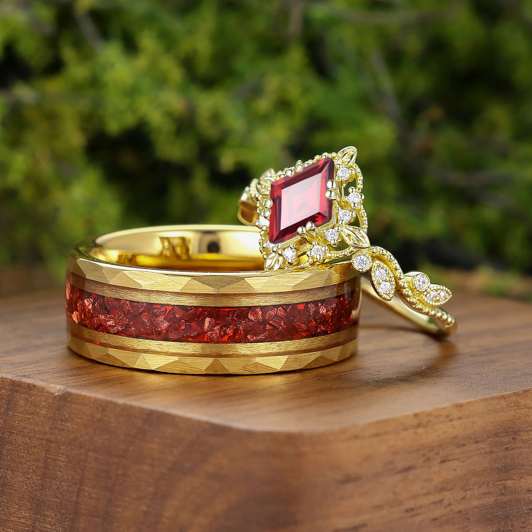 Vintage Milgrained Red Garnet Matching Rings Set For Couples Yellow Gold Plated Marriage Ring Set -  Esdomera.com