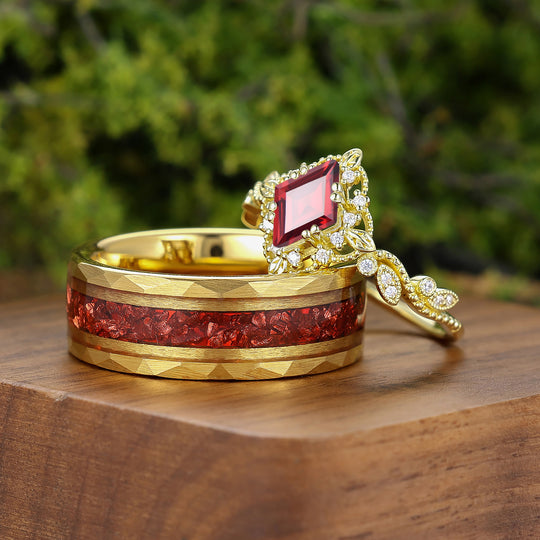 Vintage Milgrained Red Garnet Matching Rings Set For Couples Yellow Gold Plated Marriage Ring Set -  Esdomera.com