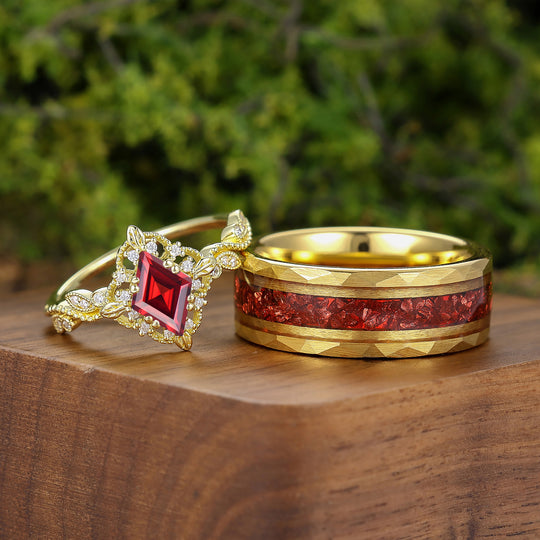 Vintage Milgrained Red Garnet Matching Rings Set For Couples Yellow Gold Plated Marriage Ring Set -  Esdomera.com
