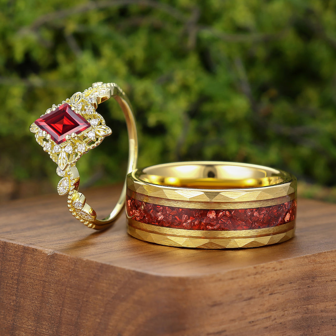 Vintage Milgrained Red Garnet Matching Rings Set For Couples Yellow Gold Plated Marriage Ring Set -  Esdomera.com
