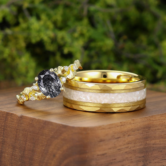 Ginkgo Leaf Motif Black Rutilated Quartz Couple Rings Art Deco His And Hers Wedding Ring Set -  Esdomera.com