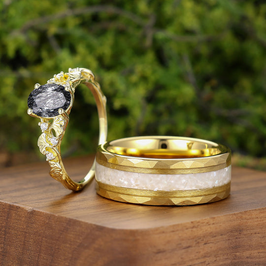 Ginkgo Leaf Motif Black Rutilated Quartz Couple Rings Art Deco His And Hers Wedding Ring Set -  Esdomera.com