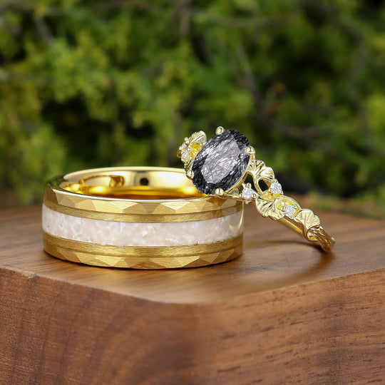 Ginkgo Leaf Motif Black Rutilated Quartz Couple Rings Art Deco His And Hers Wedding Ring Set -  Esdomera.com