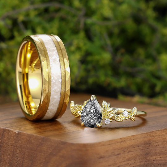 Leaf Style Black Rutilated Quartz Couple Rings Unique Gold Plated Silver And Tungsten Ring Set -  Esdomera.com