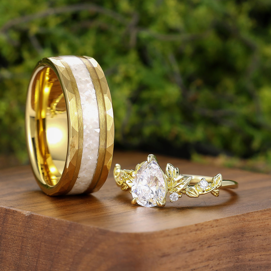 Engraved Leaf Pear Cut Moissanite 2pc Matching Ring Set Natural-inspired Gold Plated Couple Rings -  Esdomera.com