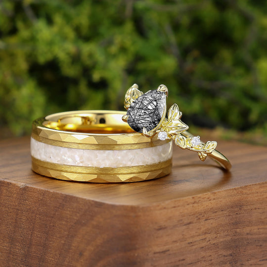 Leaf Style Black Rutilated Quartz Couple Rings Unique Gold Plated Silver And Tungsten Ring Set -  Esdomera.com