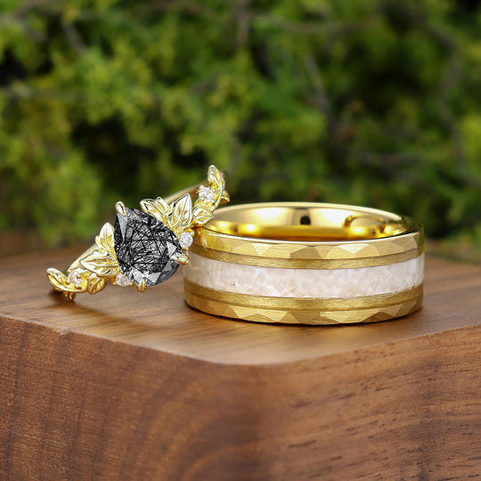 Leaf Style Black Rutilated Quartz Couple Rings Unique Gold Plated Silver And Tungsten Ring Set -  Esdomera.com