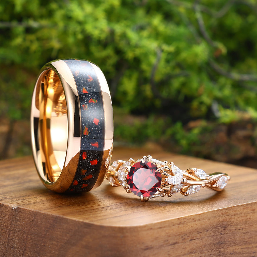 Nature Inspired Round Red Garnet Couples Ring Matching Red Garnet Rose Gold Plated Ring