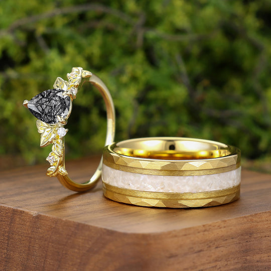 Leaf Style Black Rutilated Quartz Couple Rings Unique Gold Plated Silver And Tungsten Ring Set -  Esdomera.com
