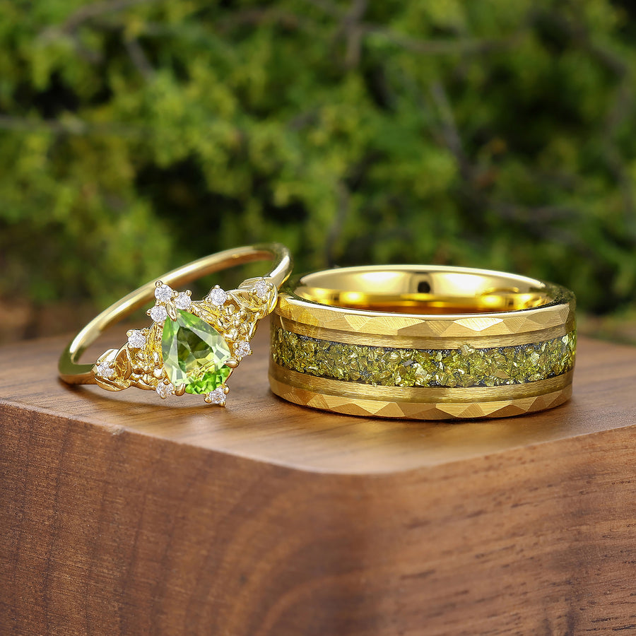 Floral Leaf Engraved Peridot Couple Rings August Birthstone Gold Plated His And Hers Rings -  Esdomera.com