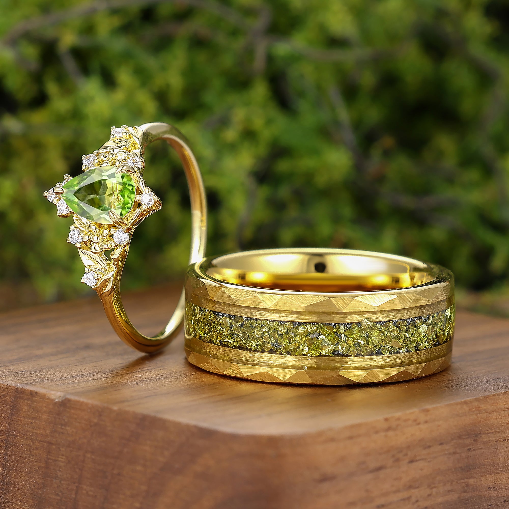 Floral Leaf Engraved Peridot Couple Rings August Birthstone Gold Plate