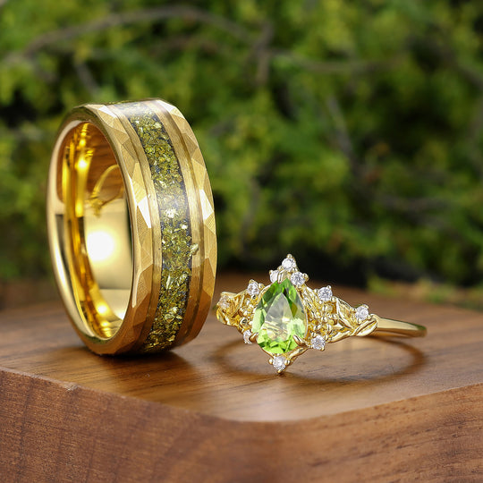 Floral Leaf Engraved Peridot Couple Rings August Birthstone Gold Plated His And Hers Rings -  Esdomera.com