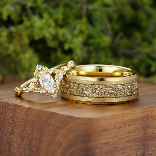 Natural Inspired Marquise Moissanite Ring Set For Him And Her Leaf Vine Engraving Gold Plated Couple Rings -  Esdomera.com