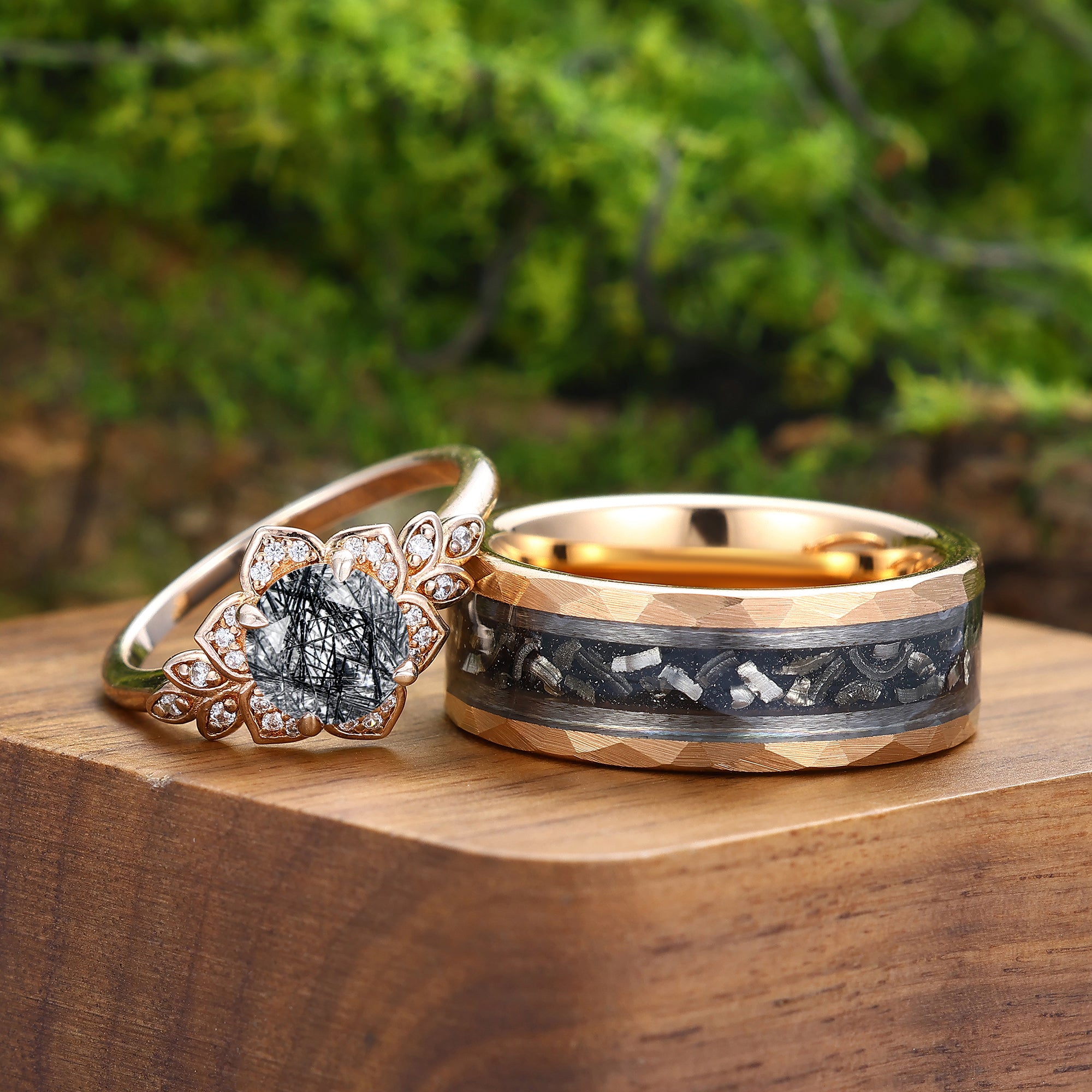 2PCS Natural Round Black Rutilated Quartz Floral Ring Set Matching