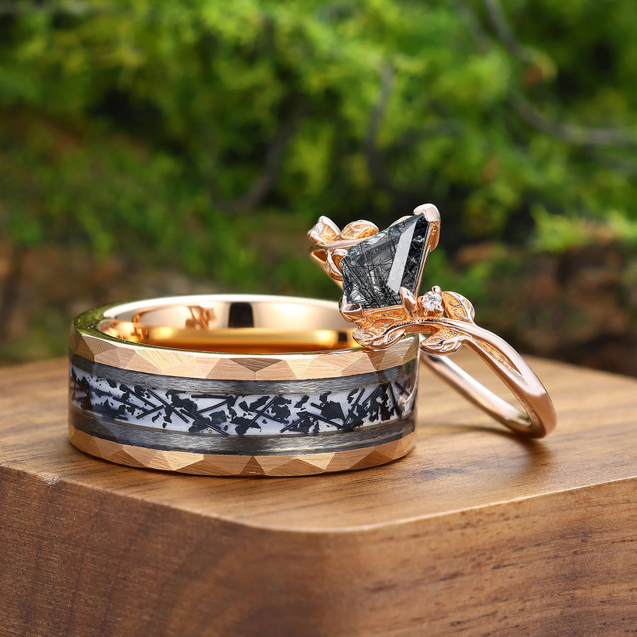 Conjunto de anillos para pareja con hoja de cuarzo rutilado negro natural cortado en cometa, anillo de plata de ley para mujer, anillo de tungsteno para hombre