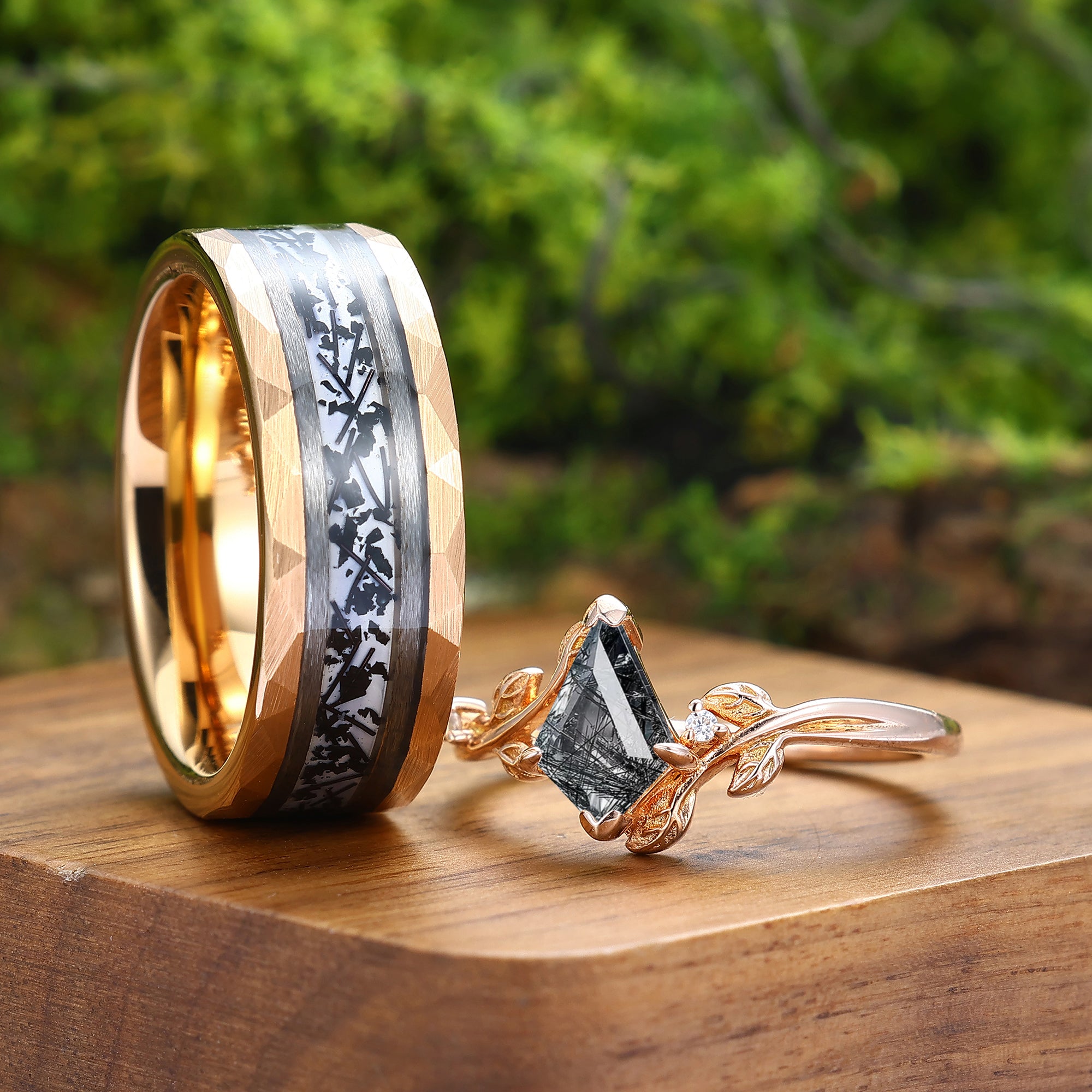 Kite Cut Natural Black Rutilated Quartz Leaf Couple Ring Set Sterling
