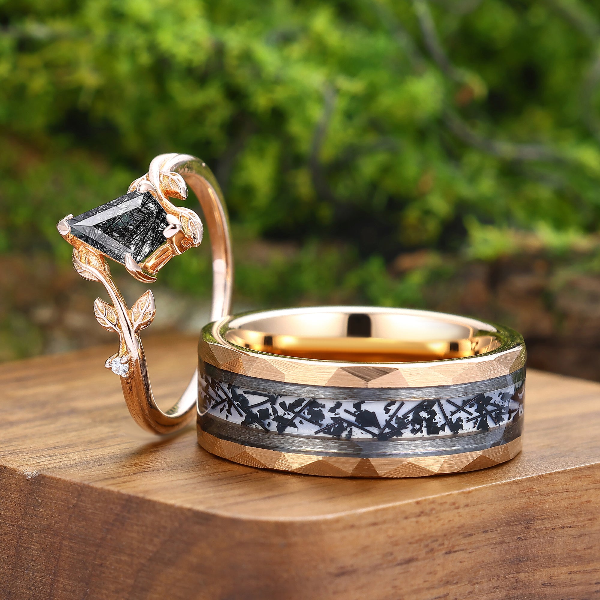 Kite Cut Natural Black Rutilated Quartz Leaf Couple Ring Set Sterling