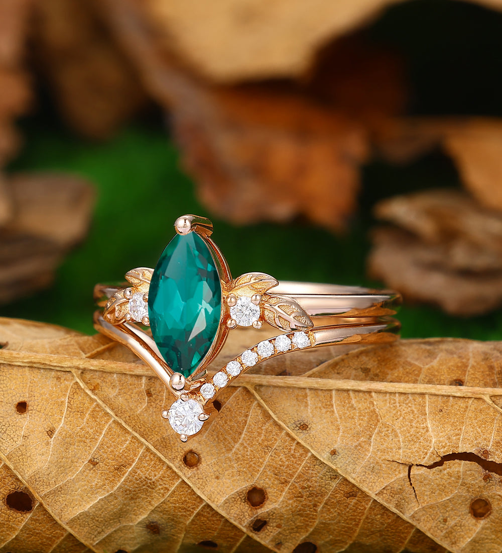 Nature Inspired Bridal Set 1.35carat Marquise Shaped Emerald Engagement Ring Stacking Matching Band 14k Rose Gold Bridal Set