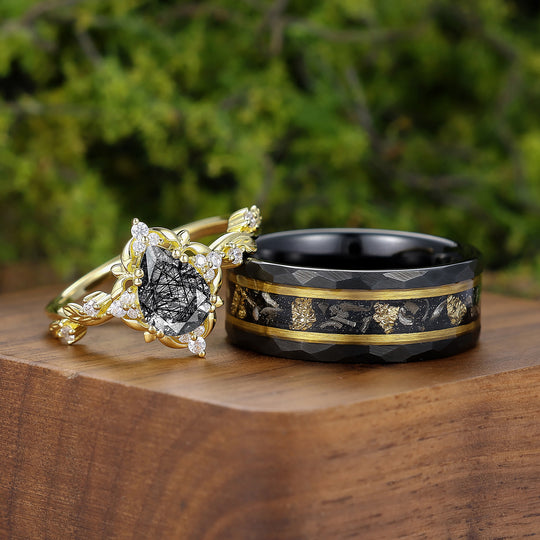 Vintage Floral Engraved Pear Black Rutilated Quartz Pair of Rings for Couples Wedding Ring Set -  Esdomera.com