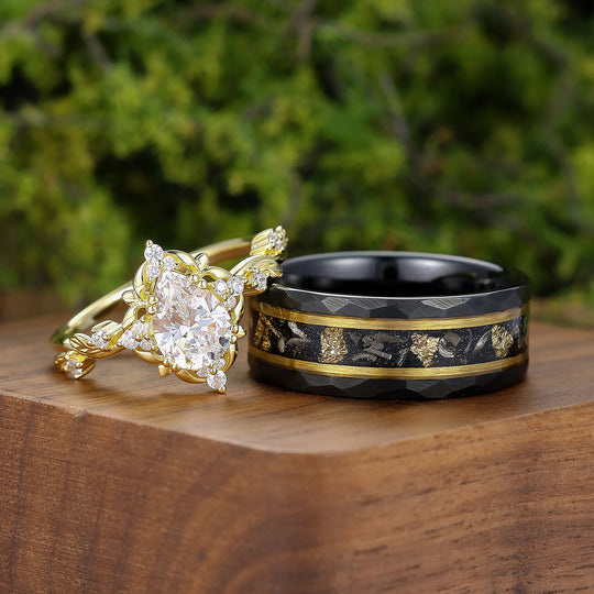 Natural Inspired 1.3CT Pear Moissanite Couple Rings Silver And Tungsten His And Hers Ring Set -  Esdomera.com