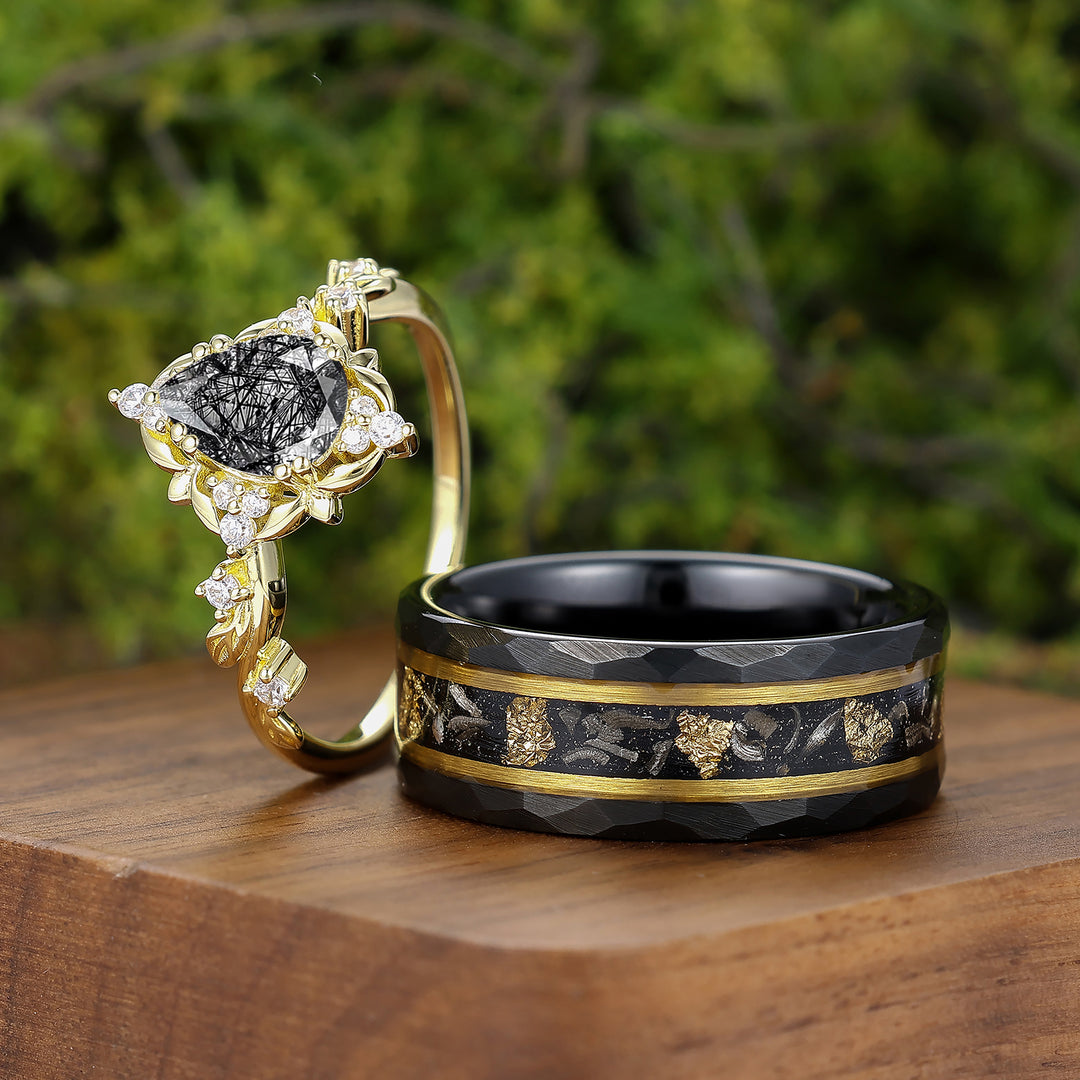 Vintage Floral Engraved Pear Black Rutilated Quartz Pair of Rings for Couples Wedding Ring Set -  Esdomera.com