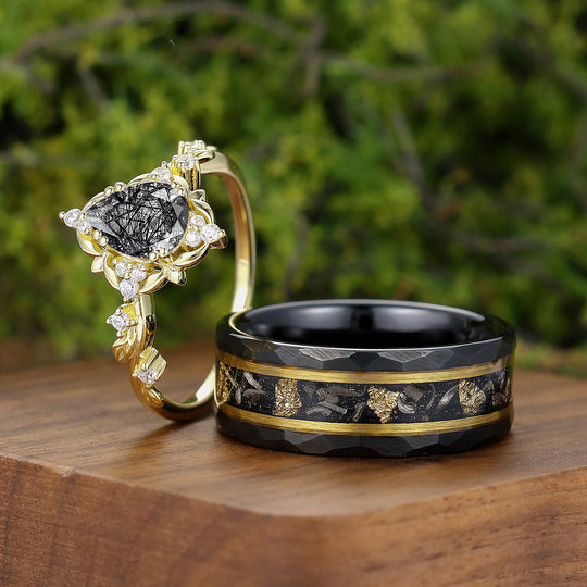 Vintage Floral Engraved Pear Black Rutilated Quartz Pair of Rings for Couples Wedding Ring Set -  Esdomera.com