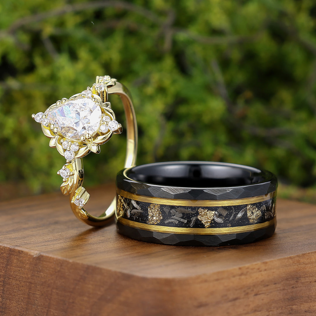 Natural Inspired 1.3CT Pear Moissanite Couple Rings Silver And Tungsten His And Hers Ring Set -  Esdomera.com